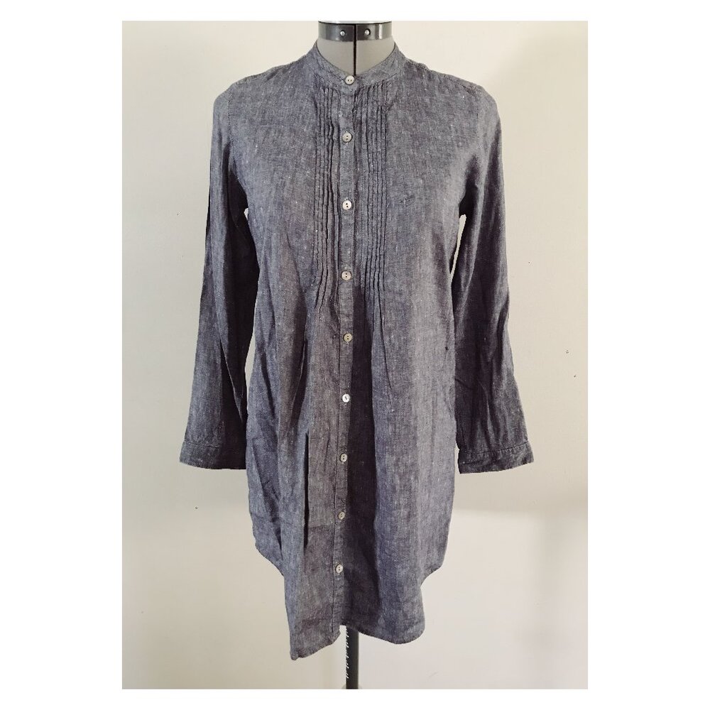 J.Jill Sz XS Linen Blend Navy Pintuck Front Banded Collar Tunic